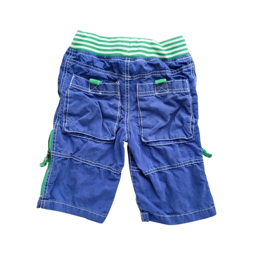 Mini Boden Boys Blue Techno Cargo Shorts Green White Stripe Drawstring Waist 5Y